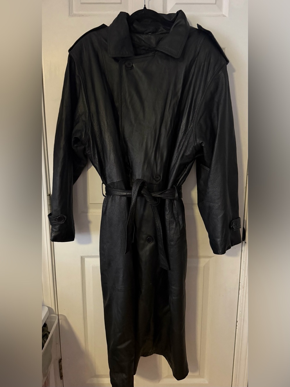 Vintage Leather Limited Black Leather Maxi Trench Coat L Belted 51”
